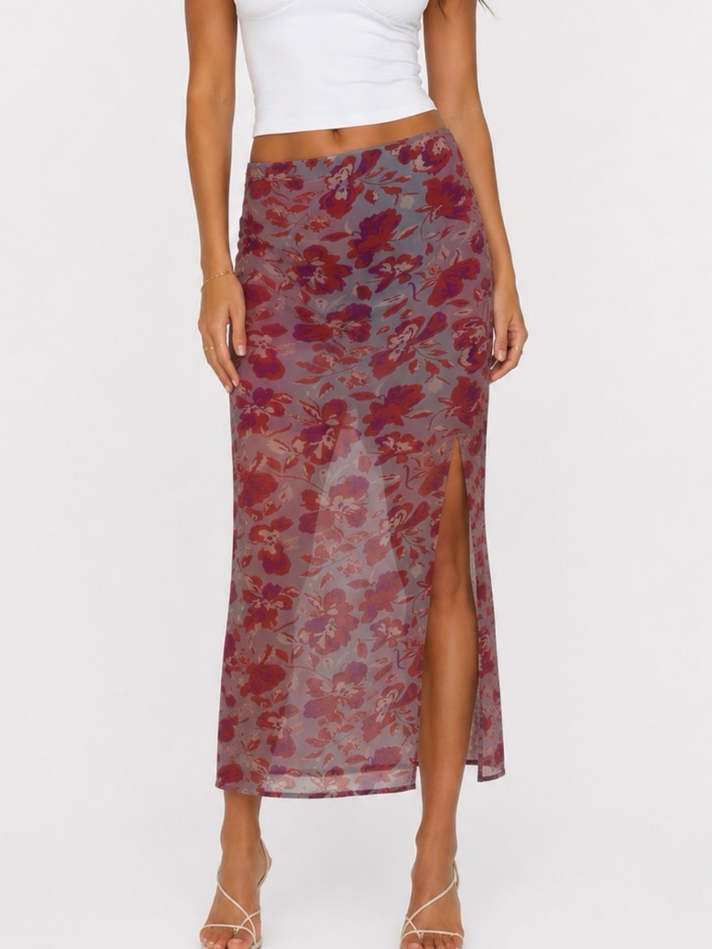 Free People Burgundy Floral Sheer Maxi Skirt with High Side Slit